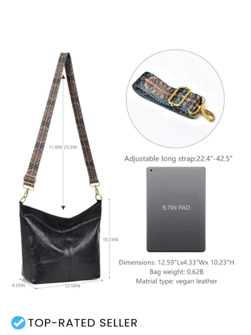 Vegan Leather Hobo Bag with Guitar Strap Crossbody Shoulder Purse